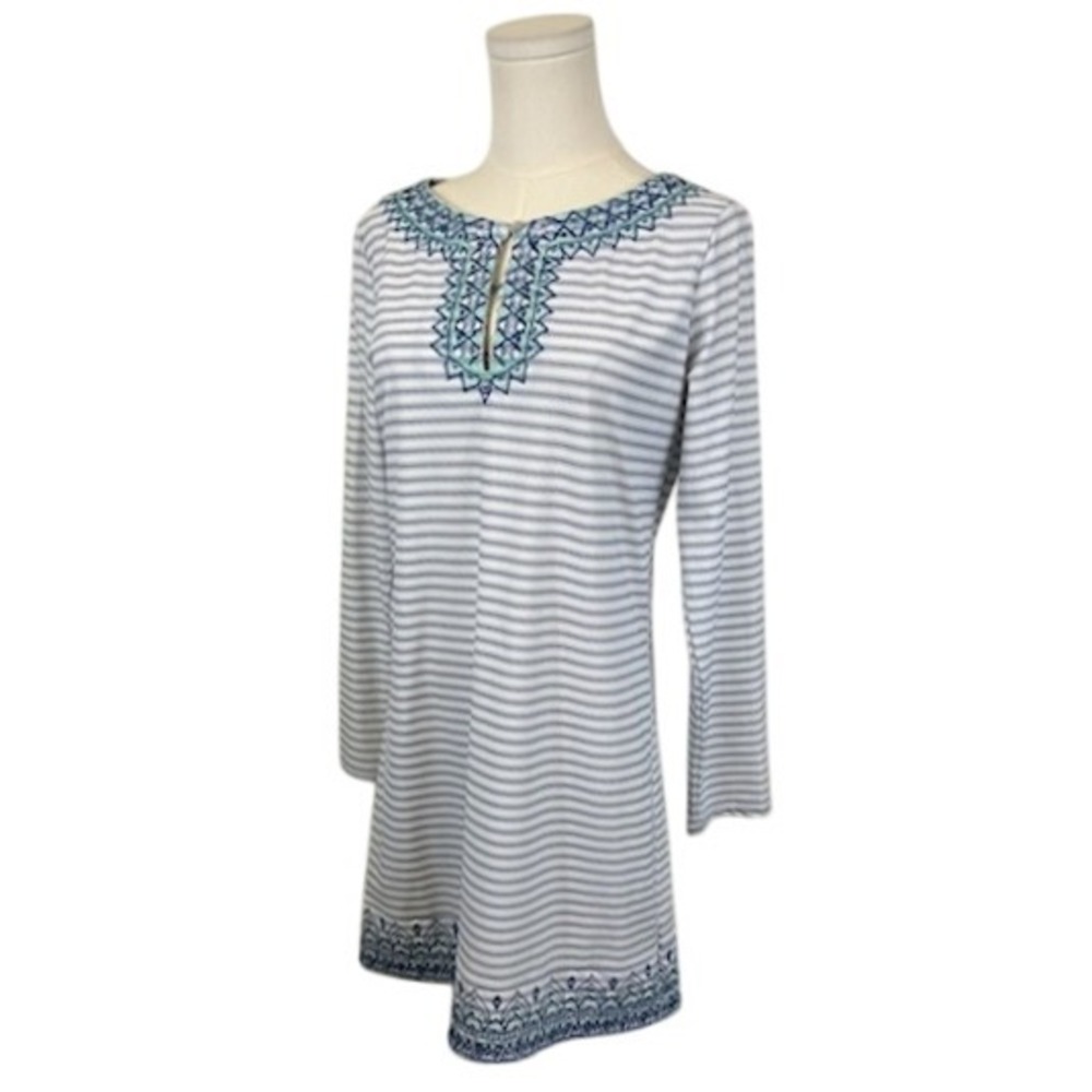Cabana Life Striped Dress Embroidered‎ Neckline Long Sleeve Cover Up Size M